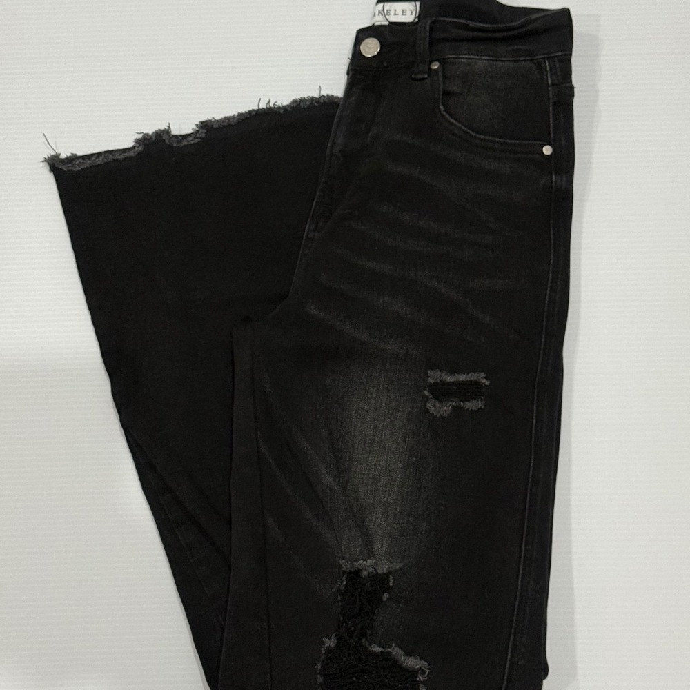 Blakeley Women Distressed Wide Leg Jeans Black Frayed Hem High Rise Size 7